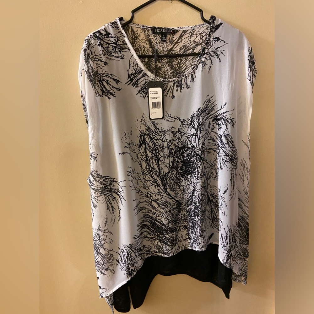 Picadilly sheer white tunic with black design & built-in black tank top - L -NWT